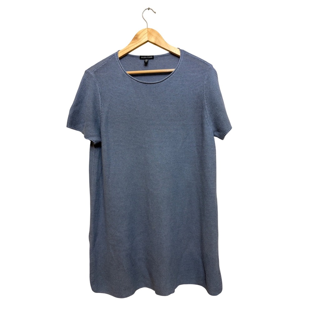 Eileen Fisher Blue Organic Linen Cotton Knit Short Sleeve Tunic Top Large L/G